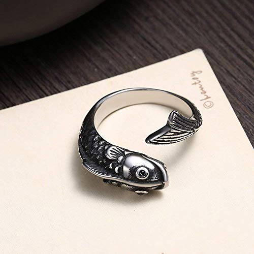 LAMUCH Men's 316l Stainless Steel Vintage Silver Fish Hollow-out Opening Slightly Crystal Eyes Ring Jewelry.School Gift