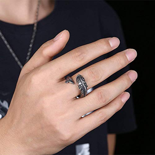 LAMUCH Men's 316l Stainless Steel Vintage Silver Fish Hollow-out Opening Slightly Crystal Eyes Ring Jewelry.School Gift