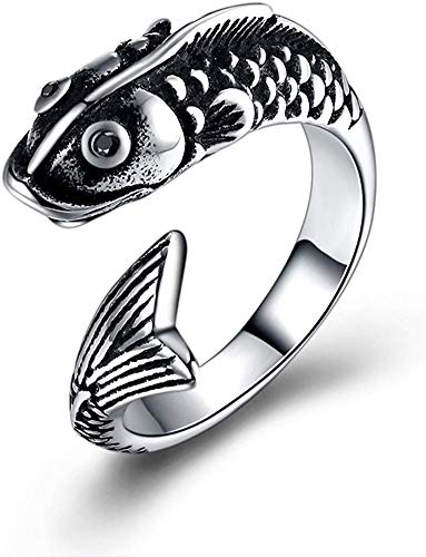 LAMUCH Men's 316l Stainless Steel Vintage Silver Fish Hollow-out Opening Slightly Crystal Eyes Ring Jewelry.School Gift