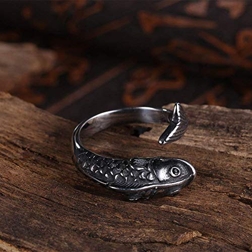 LAMUCH Men's 316l Stainless Steel Vintage Silver Fish Hollow-out Opening Slightly Crystal Eyes Ring Jewelry.School Gift
