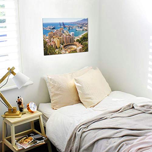 Landscape Aerial View of Malaga with Bullring and Harbor Spain Traditional European City Multicolor Painting Premium Panoramic Canvas Wall Art Painting 12"X 16"