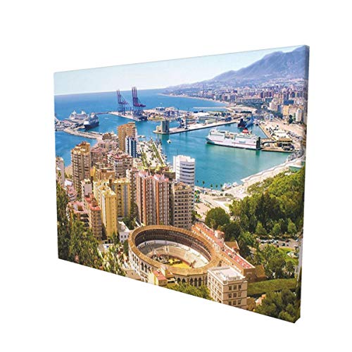 Landscape Aerial View of Malaga with Bullring and Harbor Spain Traditional European City Multicolor Painting Premium Panoramic Canvas Wall Art Painting 12"X 16"