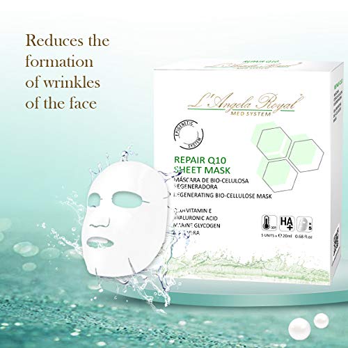 L'Angela Royal Mascarilla Regeneradora Repair Sheet Mask, Mascarilla facial BIO- Celulosa, Q10+Vitamina E, Aloe Vera, Hidratante, Disminuye la Formación de las Arrugas para la cara, 5uds.