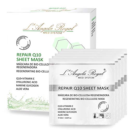 L'Angela Royal Mascarilla Regeneradora Repair Sheet Mask, Mascarilla facial BIO- Celulosa, Q10+Vitamina E, Aloe Vera, Hidratante, Disminuye la Formación de las Arrugas para la cara, 5uds.