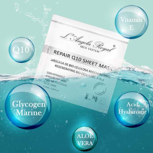L'Angela Royal Mascarilla Regeneradora Repair Sheet Mask, Mascarilla facial BIO- Celulosa, Q10+Vitamina E, Aloe Vera, Hidratante, Disminuye la Formación de las Arrugas para la cara, 5uds.