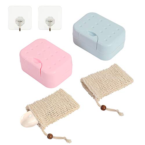 Lanmok - Jaboneras de viaje, 2 unidades, impermeables, de plástico, portátil, con 2 bolsas de jabón de sisal natural con cordón, para viajes, senderismo, camping, casa o baño