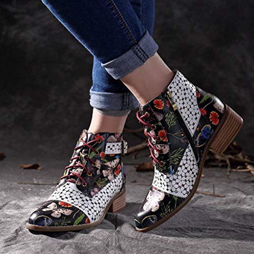 LANSKIRT Botines de Mujer de Cuero de Vaca con Estampada Tinta Pintar Botas Mujer Otoño 2019 de Flores con Costuras y Cordones 35 EU - 43 EU