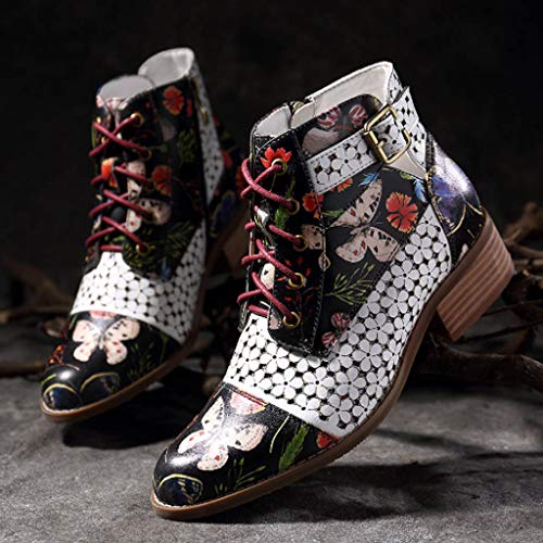 LANSKIRT Botines de Mujer de Cuero de Vaca con Estampada Tinta Pintar Botas Mujer Otoño 2019 de Flores con Costuras y Cordones 35 EU - 43 EU