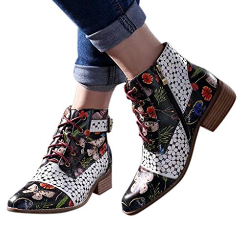 LANSKIRT Botines de Mujer de Cuero de Vaca con Estampada Tinta Pintar Botas Mujer Otoño 2019 de Flores con Costuras y Cordones 35 EU - 43 EU