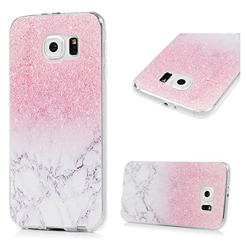 LANVY 3X Funda para Samsung Galaxy S6, Carcasa Silicona Gel Case Ultra Delgado TPU Goma Flexible Cover para Samsung Galaxy S6 - Mármol + Totem Rosa + Mariposa