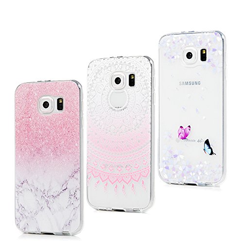 LANVY 3X Funda para Samsung Galaxy S6, Carcasa Silicona Gel Case Ultra Delgado TPU Goma Flexible Cover para Samsung Galaxy S6 - Mármol + Totem Rosa + Mariposa
