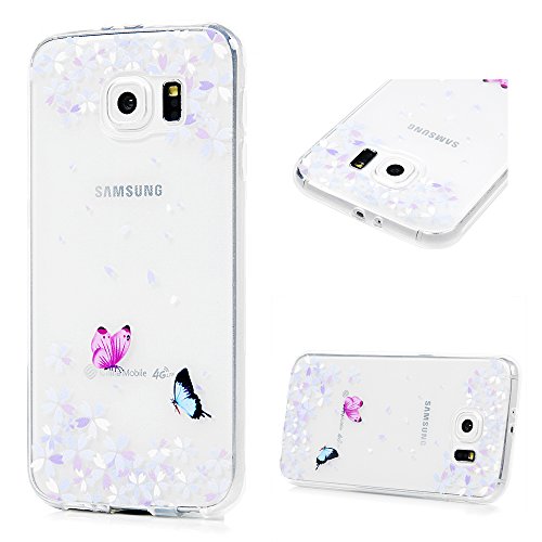LANVY 3X Funda para Samsung Galaxy S6, Carcasa Silicona Gel Case Ultra Delgado TPU Goma Flexible Cover para Samsung Galaxy S6 - Mármol + Totem Rosa + Mariposa