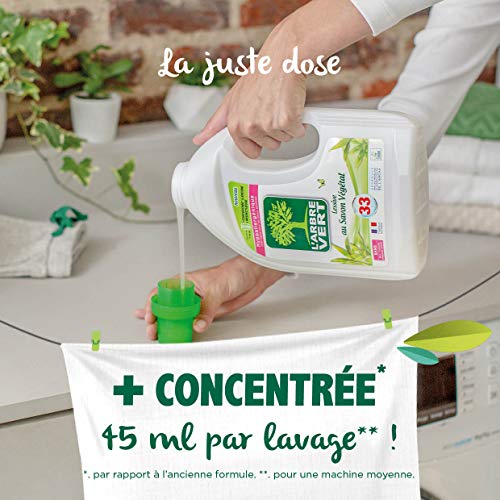 L'ARBRE VERT - Lessive Liquide au Savon Végétal - Hypoallergénique - Sans allergènes - 44 lavages - 2 L - Certifiée Écolabel Européen - Approuvée par les médecins allergologues de l’ARCAA