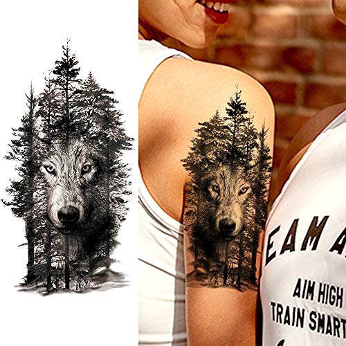 LAROI 10 Hojas Grande Geométrico Realista Lobo Tatuaje Temporales Mujer Adultos Niñas Falso Cuerpo Línea Arte Brazo Bosque Montaña León Coyote Hombre Negro Tatuaje Temporal Pegatinas Niños Piernas