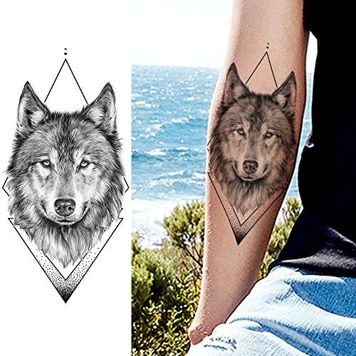 LAROI 10 Hojas Grande Geométrico Realista Lobo Tatuaje Temporales Mujer Adultos Niñas Falso Cuerpo Línea Arte Brazo Bosque Montaña León Coyote Hombre Negro Tatuaje Temporal Pegatinas Niños Piernas