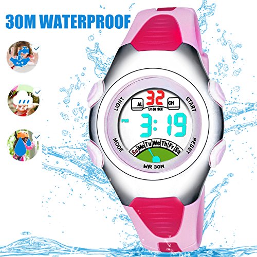 Las niñas de los Relojes Digitales, Kids 3 ATM Impermeable de los Deportes Reloj con Alarma, Adolescentes para niños al Aire Libre Deporte electrónico muñeca Relojes para niñas - Rosa por rsvom