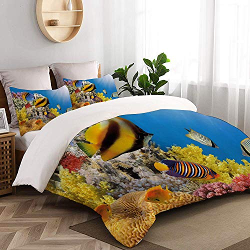 LASINSU Funda De Edredón,Colonia de corales en la Cima de un Arrecife en el Mar Rojo Egipto Peces exóticos Vida submarina acuática，3 Pcs Ropa de Cama Funda Nórdica Sábana Bajera (140 * 200CM)
