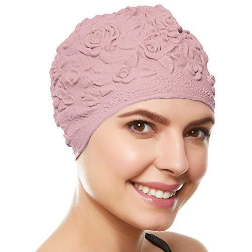 Latex With Embossed Flower Pattern Ornament Swim Bathing Cap - Pastel Pink