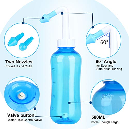 Lavado nasal, kit de enjuague Sinus, 500 ml, limpiador de lavado nasal hidro ajustable, sistema de riego sinusal con 30 paquetes de sal de lavado de nariz para adultos y niños, alergias y sinus