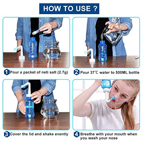 Lavado nasal, kit de enjuague Sinus, 500 ml, limpiador de lavado nasal hidro ajustable, sistema de riego sinusal con 30 paquetes de sal de lavado de nariz para adultos y niños, alergias y sinus