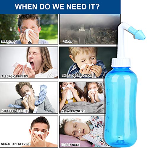 Lavado nasal, kit de enjuague Sinus, 500 ml, limpiador de lavado nasal hidro ajustable, sistema de riego sinusal con 30 paquetes de sal de lavado de nariz para adultos y niños, alergias y sinus