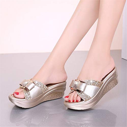 LBYSK Señora Deslizadores de Las Sandalias del Verano Grueso de la cuña del talón Inferior Antideslizante Resistente al Desgaste Ocasional de la Manera casera de Interior al Aire Libre,Oro,40