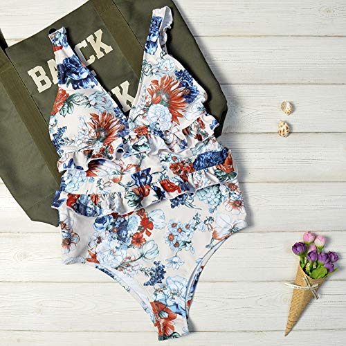 Lcme Traje de baño de una Pieza Sexy con Cuello en V y Hombros Descubiertos, Traje de baño de una Pieza para Mujer Traje de baño Fruncido Adecuado para natación en Aguas Termales,S