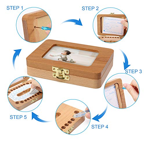 LEADSTAR Caja Dientes de Leche, Marcos de Foto, Caja para Guardar Dientes de Bebé para Niño y Niña, Almacenaje Madera de Souvenir Teeth Box, Recuerdos Regalo para Recién Nacidos, Conjunto de 5 Piezas