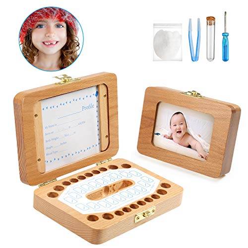 LEADSTAR Caja Dientes de Leche, Marcos de Foto, Caja para Guardar Dientes de Bebé para Niño y Niña, Almacenaje Madera de Souvenir Teeth Box, Recuerdos Regalo para Recién Nacidos, Conjunto de 5 Piezas
