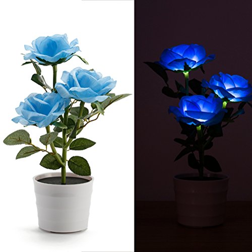 LEDMOMO Solar Flower Pot LED de luz Rose Flower Table Lamp 3 luces de flores LED Flexible Flor lámpara de escritorio para el hogar Jardín Decoración de la habitación (azul)