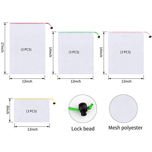 Leenou Bolsas Compra Reutilizables Ecológicas, 12 Piezas Bolsa de Malla para Almacenamiento Fruta Verduras Juguetes Tiendas de Comestibles Lavable y Transpirable - 3 Diversos Tamaños 12 Unidades