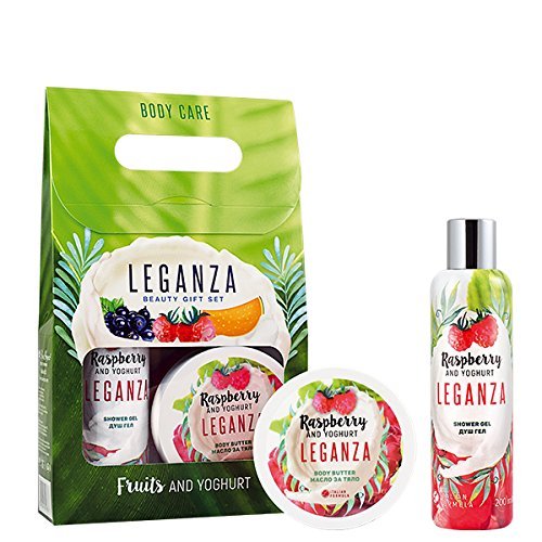 Leganza Set de Regalo Gel de Ducha y Manteca Corporal con Yogur y Frambuesa Rico y Lujoso Tratamiento Corporal