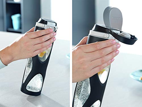 Leifheit Botella de cristal Flip de 600 ml, botella reutilizable 100% hermética, apertura con una mano, botella deportiva sin BPA y con filtro, negro