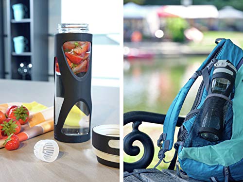 Leifheit Botella de cristal Flip de 600 ml, botella reutilizable 100% hermética, apertura con una mano, botella deportiva sin BPA y con filtro, negro