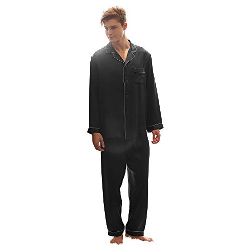 LEIQIA Pijamas de Seda para Hombres Establecen Ropa de Dormir Suave Tops de Manga de Seda Hombres Pijama Homewear Trajes de Verano Negro M