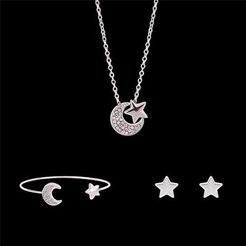 Leisial™ 3 Piezas Mujer Pulsera Pendientes Colgante Collar de Luna y Estrellas Elegante Cristal para Joyería Regalos de Boda Novia Cumpleaño
