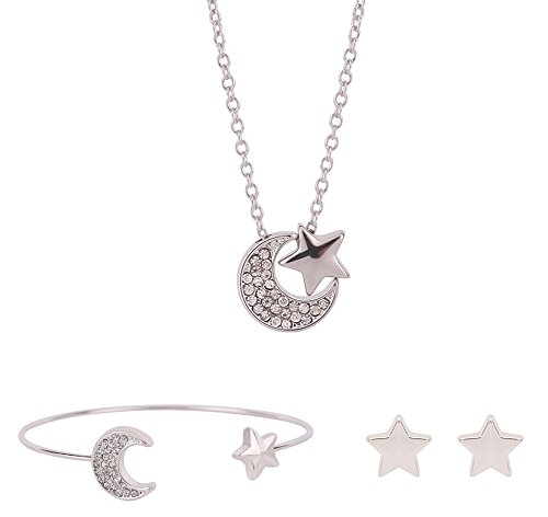 Leisial™ 3 Piezas Mujer Pulsera Pendientes Colgante Collar de Luna y Estrellas Elegante Cristal para Joyería Regalos de Boda Novia Cumpleaño