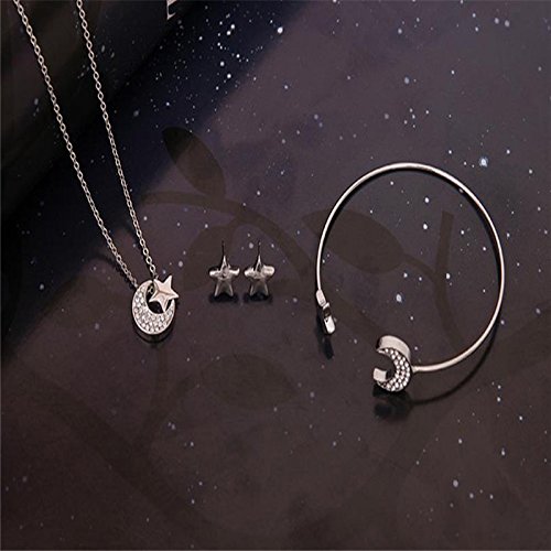 Leisial™ 3 Piezas Mujer Pulsera Pendientes Colgante Collar de Luna y Estrellas Elegante Cristal para Joyería Regalos de Boda Novia Cumpleaño