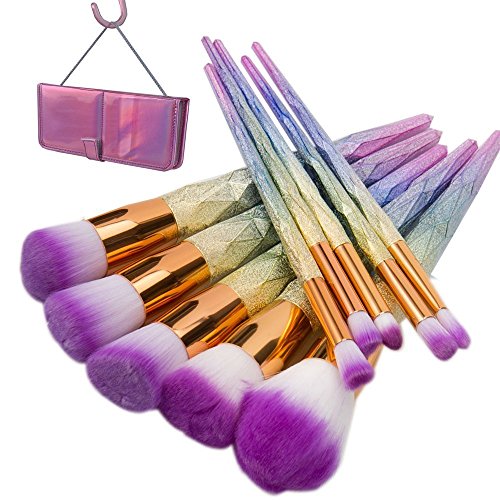 lennov 10pcs profesional Colorful brochas de maquillaje con mango de Arco Iris cepillo cosméticos colorete polvo mezcla suave unicornio cepillo belleza regalo con bolsa de viaje