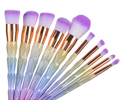 lennov 10pcs profesional Colorful brochas de maquillaje con mango de Arco Iris cepillo cosméticos colorete polvo mezcla suave unicornio cepillo belleza regalo con bolsa de viaje