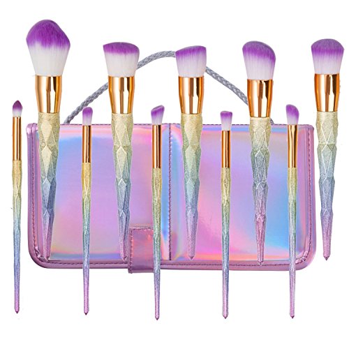 lennov 10pcs profesional Colorful brochas de maquillaje con mango de Arco Iris cepillo cosméticos colorete polvo mezcla suave unicornio cepillo belleza regalo con bolsa de viaje