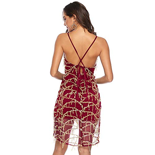 Lentejuelas de Verano para Mujer Correa Profunda con Cuello en V Dobladillo Irregular Falda Sexy Vestido de Playa