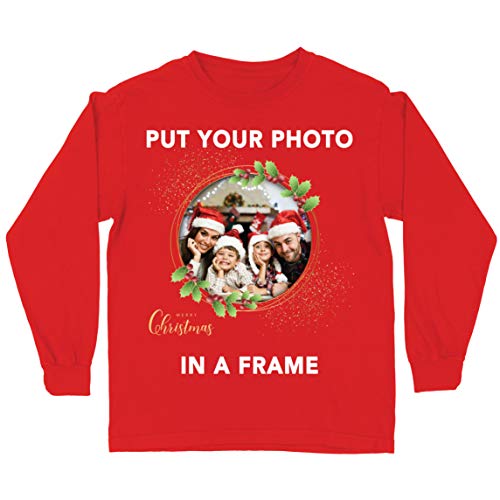 lepni.me Camiseta para Niños Marco Personalizado Vacaciones de Navidad Regalo Personalizado Foto Familiar (5-6 Years Rojo Multicolor)