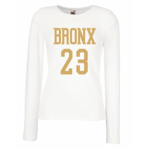 lepni.me Camisetas de Manga Larga para Mujer Bronx 23 Freestyle, Nueva York, Ropa Deportiva de Moda (Small Blanco Oro)