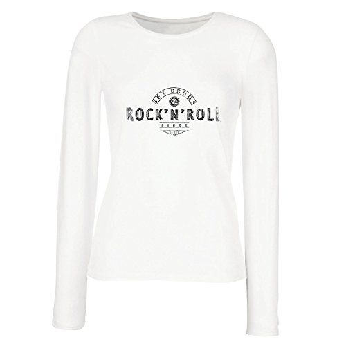 lepni.me Camisetas de Manga Larga para Mujer Sex Drugs and Rock and Roll - 1960s, 1970s, 1980s - Banda de Rock Vintage - Musicalmente - Ropa de Concierto (Small Blanco Multicolor)