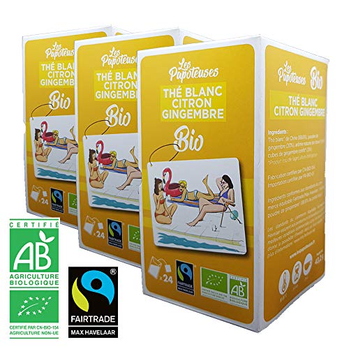 Les Papoteuses | Té blanco con limón y jengibre orgánico | certificado orgánico y comercio justo | Té orgánico 24 sobres | lote de 3 cajas