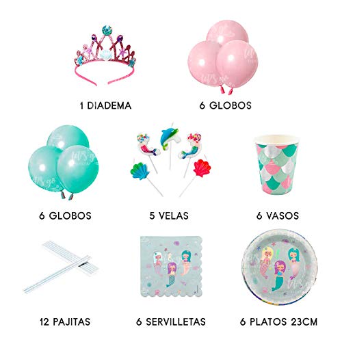 Let's Go Fiesta Decoración Cumpleaños Sirena, Set Menaje Vajilla Desechable: 6 Platos, 6 Vasos, 6 Servilletas, 12 Pajitas…