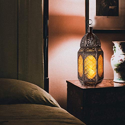 Lewondr Candelero Marruecos de Cobre Rojo, Lámpara de Vidrio Amarillo Portátil Lámpara Colgante Linterna de Viento Ligero para Hogar, Decoración, Dormitorio, Salón, Adorno - Amarillo + Cobre Rojo
