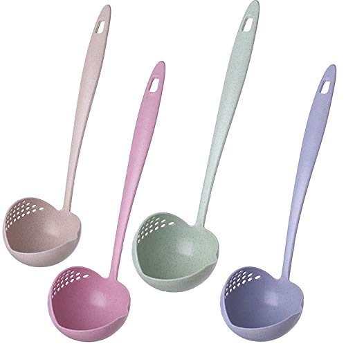 Lezed Cuchara de sopa de paja de trigo 2 en 1 Cuchara de gachas de avena Cuchara de servir de cocina Colador de doble propósito Skimmer Cuchara ranurada Colador para sopa de queso chile salsa 4 piezas