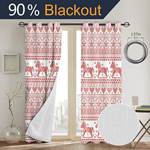 LiBei Cortina Opacas con Ojales,Patrón de Caballos Corazones y ángeles Motivos noruegos Horario de Invierno,Cortinas de Dormitorio y Salón Térmicas Aislantes，2 Piezas(130cmx210cm)